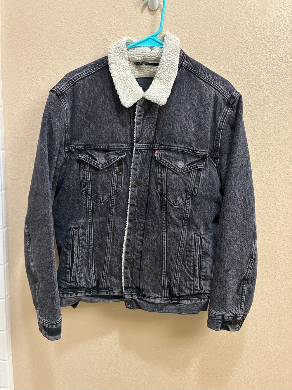Levi's Black Denim Jean Jacket with Cream Sherpa Collar